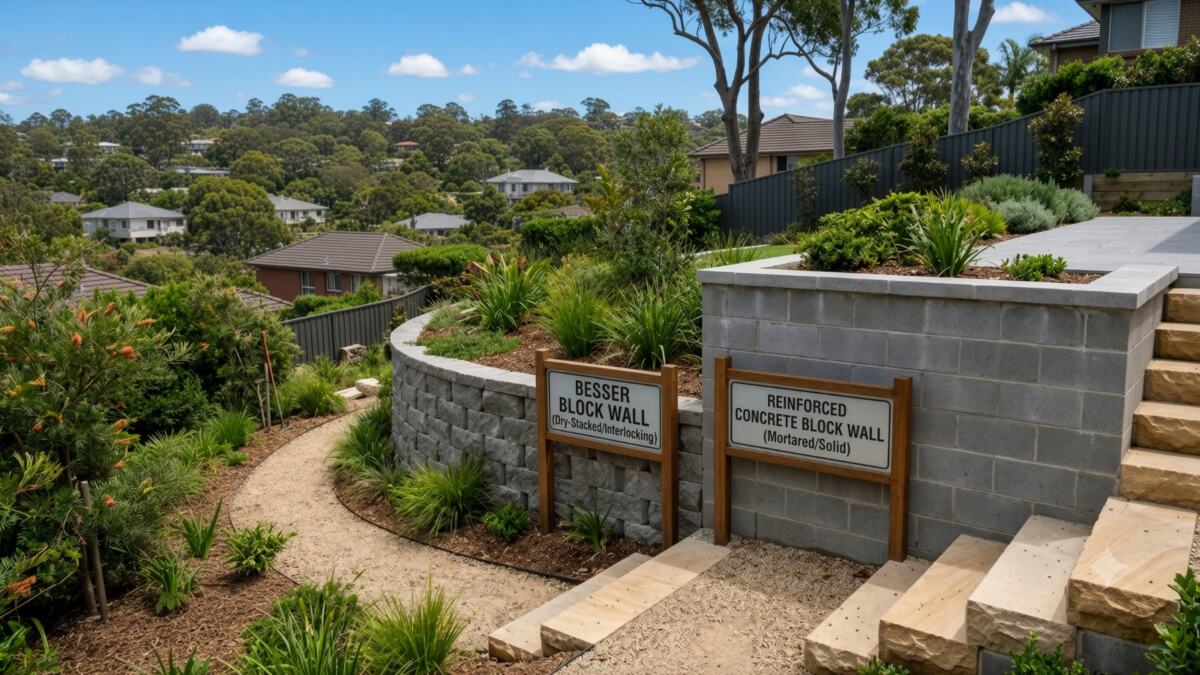 Besser block wall and reinforced concrete block wall on a sloping site