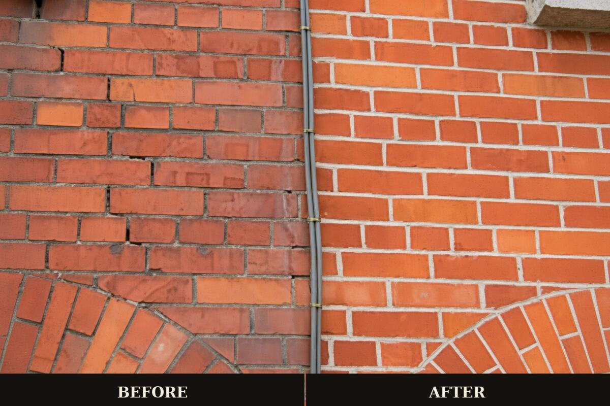 Brick wall before and after repointing, split at a downpipe